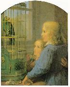 Georg Friedrich Kersting Zwei Kinder vor einem Papageienbauer oil